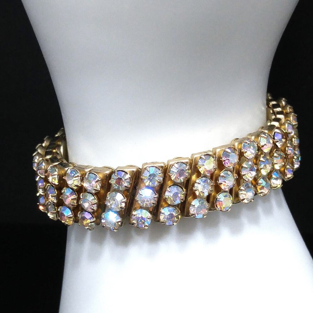 Vintage AB Rhinestone Expansion Bracelet Gold Tone 1950s Wide